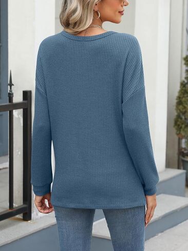 Womens Waffle Knit Tunic Tops Loose Long Sleeve Tops Button Up V Neck Henley Shirts Casual Loose Pullover Tops in Saudi Arabia
