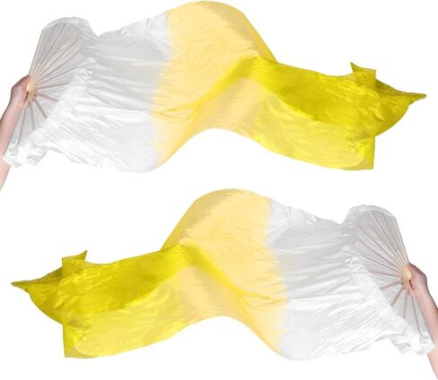 PATIKIL Belly Dance Silk Fan Veil 71", 1 Pair (Left+Right) Women Long Folding Dance Fan Wood Fan for Dance Performance, White Gradient Yellow in Saudi Arabia