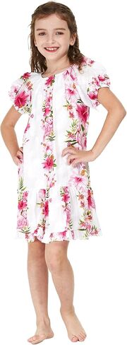 Girl Hawaiian Short Sleeve Simple Muumuu Ruffle Dress in Pink Hibiscus Vine Black in Kuwait