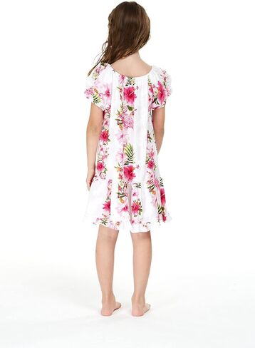 Girl Hawaiian Short Sleeve Simple Muumuu Ruffle Dress in Pink Hibiscus Vine Black in Kuwait