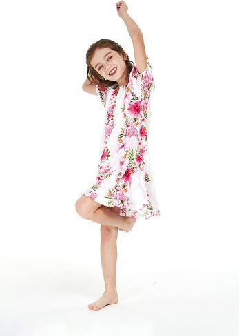 Girl Hawaiian Short Sleeve Simple Muumuu Ruffle Dress in Pink Hibiscus Vine Black in Kuwait