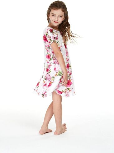 Girl Hawaiian Short Sleeve Simple Muumuu Ruffle Dress in Pink Hibiscus Vine Black in Kuwait