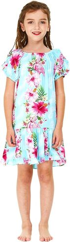 Girl Hawaiian Short Sleeve Simple Muumuu Ruffle Dress in Pink Hibiscus Vine Black in Kuwait