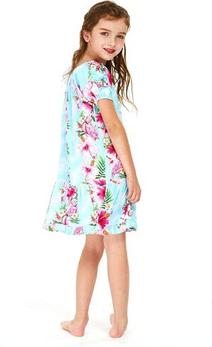 Girl Hawaiian Short Sleeve Simple Muumuu Ruffle Dress in Pink Hibiscus Vine Black in Kuwait