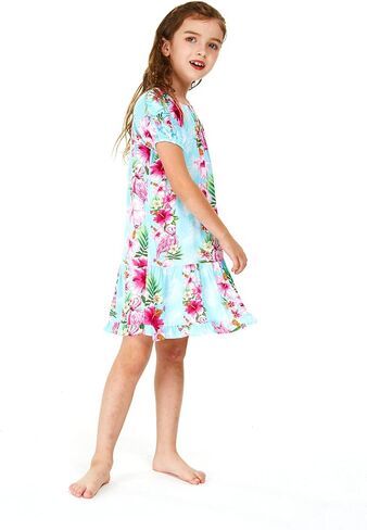 Girl Hawaiian Short Sleeve Simple Muumuu Ruffle Dress in Pink Hibiscus Vine Black in Kuwait