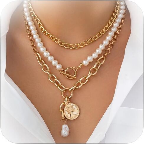 Gold Layered Necklaces for Women Chunky Layered Gold Necklaces Stacked Paperclip Chain Pearl Necklace Herringbone Choker Necklace Toggle Clasp Necklace Trendy Jewelry Valentine Gifts for Her in Kuwait