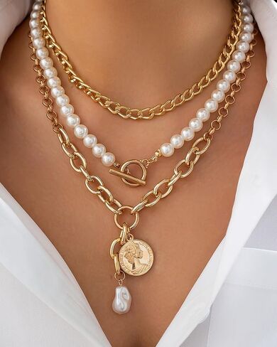 Gold Layered Necklaces for Women Chunky Layered Gold Necklaces Stacked Paperclip Chain Pearl Necklace Herringbone Choker Necklace Toggle Clasp Necklace Trendy Jewelry Valentine Gifts for Her in Kuwait