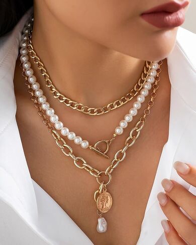 Gold Layered Necklaces for Women Chunky Layered Gold Necklaces Stacked Paperclip Chain Pearl Necklace Herringbone Choker Necklace Toggle Clasp Necklace Trendy Jewelry Valentine Gifts for Her in Kuwait