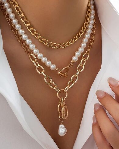 Gold Layered Necklaces for Women Chunky Layered Gold Necklaces Stacked Paperclip Chain Pearl Necklace Herringbone Choker Necklace Toggle Clasp Necklace Trendy Jewelry Valentine Gifts for Her in Kuwait