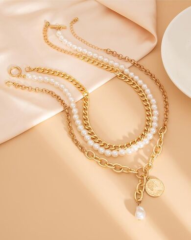 Gold Layered Necklaces for Women Chunky Layered Gold Necklaces Stacked Paperclip Chain Pearl Necklace Herringbone Choker Necklace Toggle Clasp Necklace Trendy Jewelry Valentine Gifts for Her in Kuwait