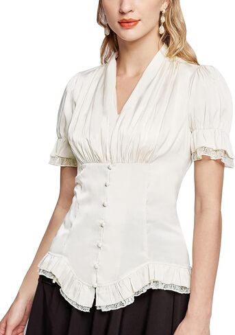 Scarlet Darkness Womens Work Tops Elegant Renaissance Pirate Shirt Short Sleeve Victorian Peasant Blouses in Saudi Arabia