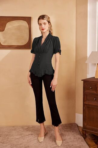 Scarlet Darkness Womens Work Tops Elegant Renaissance Pirate Shirt Short Sleeve Victorian Peasant Blouses in Saudi Arabia