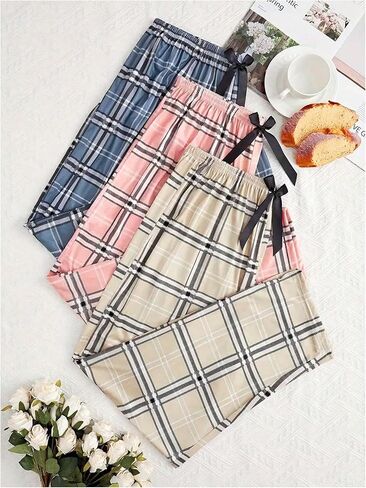 Verdusa Women's 3pcs Plaid Pajama Pants Bow Elastic Waist Pj Lounge Bottoms in Saudi Arabia