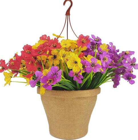 Artificial Fake Flowers Plants Potted for Outdoor Indoor Table, 14 Bundles Plastic Flowers Silk Daisy with Hanging Planter Plant Pot for Front Door Porch Patio Decoration in Saudi Arabia