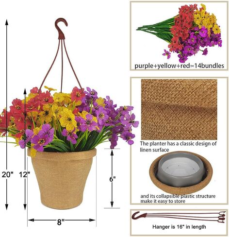 Artificial Fake Flowers Plants Potted for Outdoor Indoor Table, 14 Bundles Plastic Flowers Silk Daisy with Hanging Planter Plant Pot for Front Door Porch Patio Decoration in Saudi Arabia