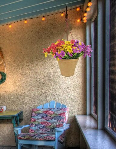 Artificial Fake Flowers Plants Potted for Outdoor Indoor Table, 14 Bundles Plastic Flowers Silk Daisy with Hanging Planter Plant Pot for Front Door Porch Patio Decoration in Saudi Arabia