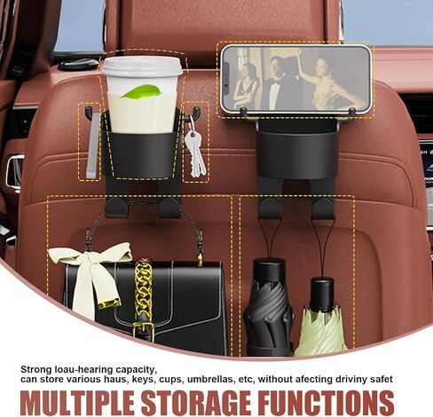 2 PCS Multifunctional Hooks for Car Seat Back, Back Seat Cup Holder with Hooks, 3 in 1 Durable Materials Seat Headrest Cup Holder Hook, Universal for Most Cars Trucks SUVs (Black) in Saudi Arabia
