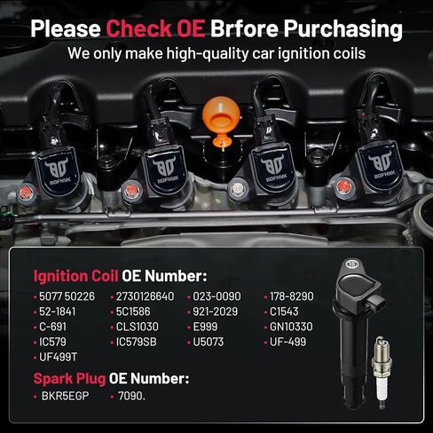 BDFHYK Ignition Coil Pack UF499 and Iridium Spark Plugs 7090 Compatible with Kia Rondo Rio Rio5 Hyundai Accent Dodge Attitude 1.4L 1.6L 2.4L L4 C1543 27301-26640 BKR5EGP Sets of 4 in Saudi Arabia