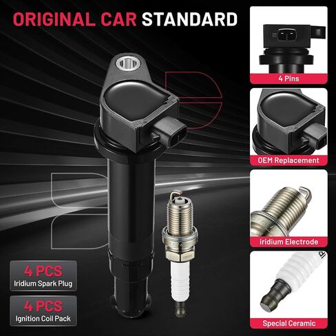 BDFHYK Ignition Coil Pack UF499 and Iridium Spark Plugs 7090 Compatible with Kia Rondo Rio Rio5 Hyundai Accent Dodge Attitude 1.4L 1.6L 2.4L L4 C1543 27301-26640 BKR5EGP Sets of 4 in Saudi Arabia