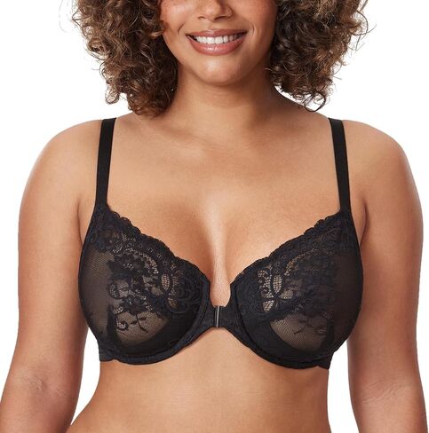 DELIMIRA Women's Front Closure Lace Sheer Bras Plus Size Full Coverage Sexy Plunge Underwire Unlined Bra in Kuwait