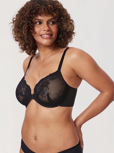 DELIMIRA Women's Front Closure Lace Sheer Bras Plus Size Full Coverage Sexy Plunge Underwire Unlined Bra in Kuwait