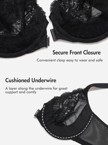 DELIMIRA Women's Front Closure Lace Sheer Bras Plus Size Full Coverage Sexy Plunge Underwire Unlined Bra in Kuwait