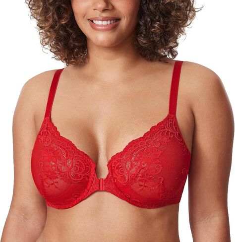DELIMIRA Women's Front Closure Lace Sheer Bras Plus Size Full Coverage Sexy Plunge Underwire Unlined Bra in Kuwait