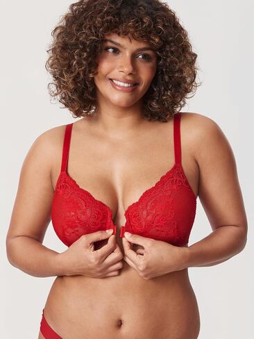 DELIMIRA Women's Front Closure Lace Sheer Bras Plus Size Full Coverage Sexy Plunge Underwire Unlined Bra in Kuwait