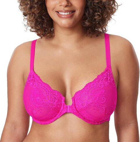DELIMIRA Women's Front Closure Lace Sheer Bras Plus Size Full Coverage Sexy Plunge Underwire Unlined Bra in Kuwait