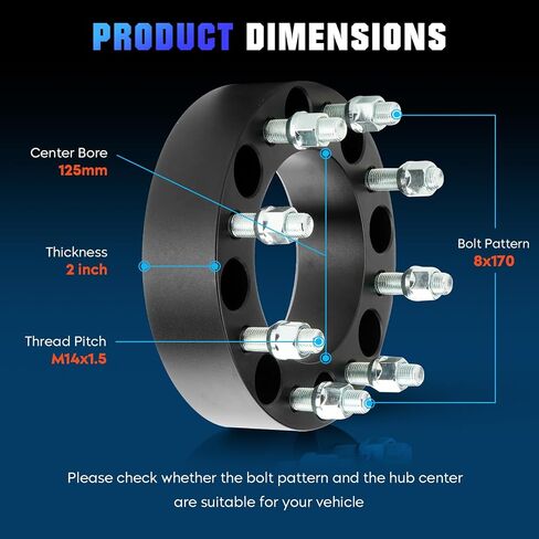 8x170 2inch Wheel Spacers Fit for Ford Excursion 2003-2005, F-250 2003-2009, F-250 Super Duty 2003-2022, F-350 2003-2016, F-350 Super Duty 2003-2022, 125mm Hub Bore Adapters with 14mmx1.5 Studs in Saudi Arabia