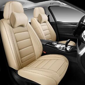 BABYBLU Leather Car Seat Covers Full Set, with Headrest Pillow Accessories, Luxury Universal Auto Seats Protector Fit for 5 Seats, for Most Vehicles SUV Pick-up Truck-Full Coverage(Beige)
