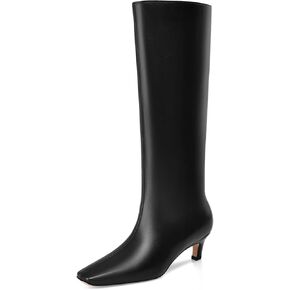 Adrizzlein Knee High Boots Women Kitten Heel Square Toe Tall Boots Wide Calf Pull On Long Boots