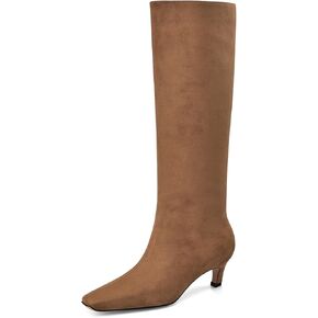 Adrizzlein Knee High Boots Women Kitten Heel Square Toe Tall Boots Wide Calf Pull On Long Boots