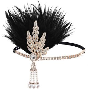 GORTIN 1920's Flapper Feather Headband Art Deco Headpiece Inspired Leaf Medallion Pearl Headband