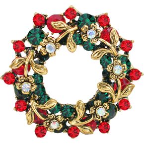 Gyn&Joy Holiday Jewelry Emerald Red Colored Crystal Flower Wreath Xmas Decoration Brooch Pin
