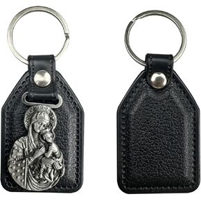 Catholic Keychain Silver Virgin Mary, Handmade with Imitation Black Leather for Men | Catholic Keychain | Car KeyRing | Party Favors Key Holder