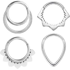 4 PCs Septum Ring Surgical Steel Daith Piercing Jewelry Set, Silver Septum Jewelry for Septum Piercing, Septum Clicker Daith Earring, 16G 8mm