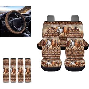 Aztec Seat Covers Full Set with Western Steering Wheel Cover, Shoulder Pads, Cow Print Seat Covers Car Accessories Universal Fit for Most Cars Truck, Red and Blue