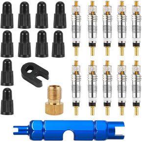 Presta Valve Core Repair Kit, 10pcs Valve Cores & 10pcs Valve Caps with Wrench Brass Joint Disassembler Easy to Replace Valve Core Adaptor Bike Tires Removal Tool and Replacement Kit