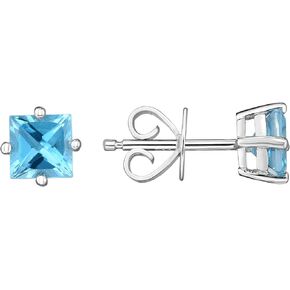 925 Sterling Silver Genuine Blue Topaz 5mm Square Studs Earrings