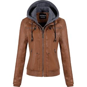 CREATMO US Women's Faux Leather Jacket Waterproof Motorcycle Bomber Jacket Vintage PU Moto Biker Coat With Removable Hood
