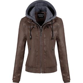 CREATMO US Women's Faux Leather Jacket Waterproof Motorcycle Bomber Jacket Vintage PU Moto Biker Coat With Removable Hood in Saudi Arabia