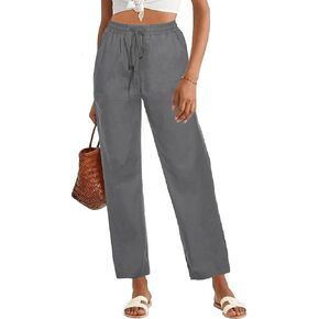 HVEPUO Womens High Waisted Casual Elastic Waist Drawstring Twill Pants Straight Leg Lightweight Cotton Trousers with Pockets
