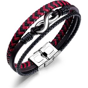 Mens Bracelet Infinity Multi-Layer Red&Black Leather Braided Bracelet Stainless Steel Wristband Cuff Jewelry for Men/Father/Brother,8.6″(220mm)