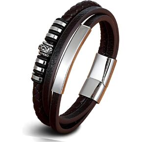 Leather Bracelet for Men, Multi-Layer Braided Gothic Punk Rock Mens Cuff Bracelets with Stainless Steel Clasp Stacked Anniversary Father's Day Birthday Christmas Jewelry Gifts for Him