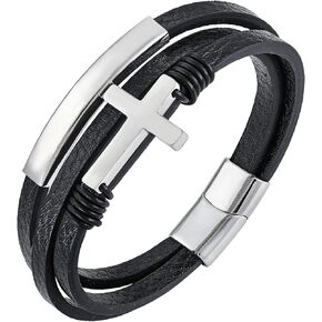 YL Cross Leather Bracelet Stainless Steel Bar Bracelet Multi-Layer Bangle Wrap Jewelry for Men