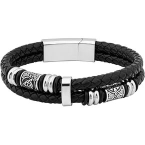 HAQUIL Stainless Steel Celtic Knot Bead Double Braided Leather Bracelet for Men, Celtic Jewelry Gift