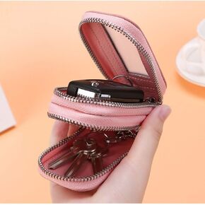 Car Key Chain Bag Double Zipper Leather Protection Key Coin Holder Keyring with Transparent Window