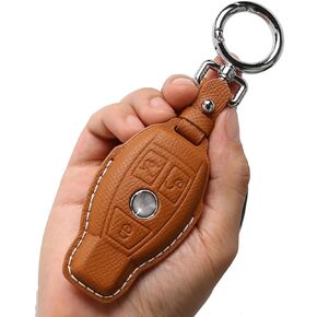 Leather Key fob Cover,Keychain Shell,Leather Key case Protector Compatible for 3 Buttons Mercedes Benz C E M S GLK CLA GLA GLC GLE CLS CLK G AMG Series Smart Remote Key (Brown)