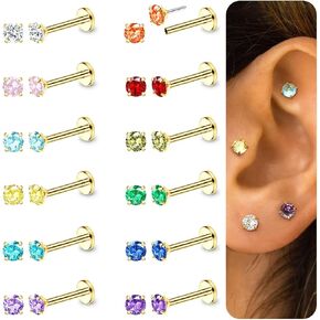 ORAZIO Push In Stud Earring,Surgical Steel Flat Back Earrings for Women 20G Threadless Earring Gold Silver Flat Back Earrings Push In,Hypoallergenic CZ Cartilage Helix Tragus Conch Labret Earrings Set